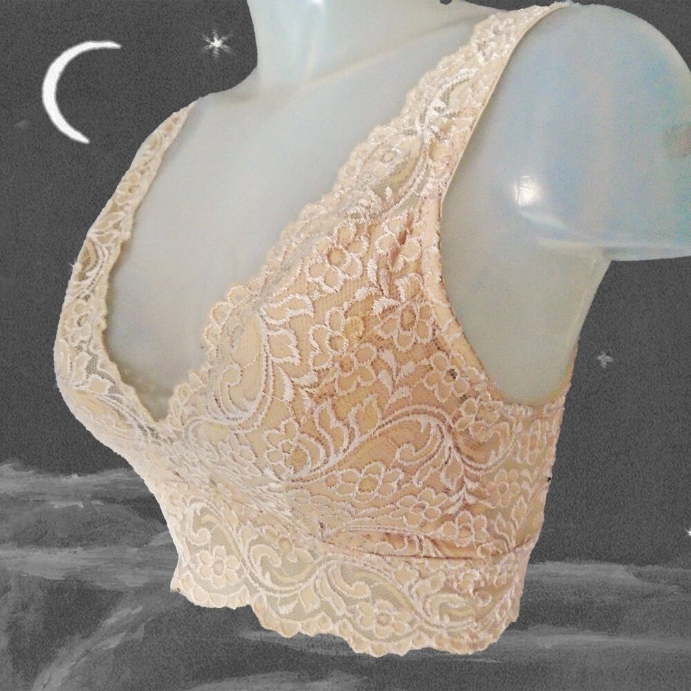 Lace Bralette Deep V Neck Wireless Bralette with Support - Buff - M